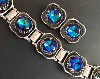 Simply stunning blue heliotrope rhinestone bracelet earring jewelry set 1950s 1960s MId Century Gift Idea For Her