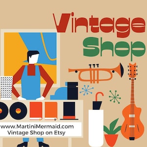 May include: A graphic illustration featuring the text Vintage Shop, a person behind a counter with vinyl records, books, and a top hat, alongside a trumpet, a guitar, a potted plant, and an umbrella. The text www.MartiniMermaid.com Vintage Shop on Etsy is visible.