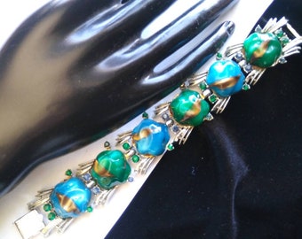 Coro Chunky Aqua Blue Green Bracelet - Designer Signed Mid Century Jewelry - 1950's 1960's Rhinestone Accessories - Old Hollywood Glam