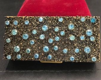 Vintage Brass Blue Rhinestone Trinket Box 1950's 1960's, Collectible Vanity Display Home Decor