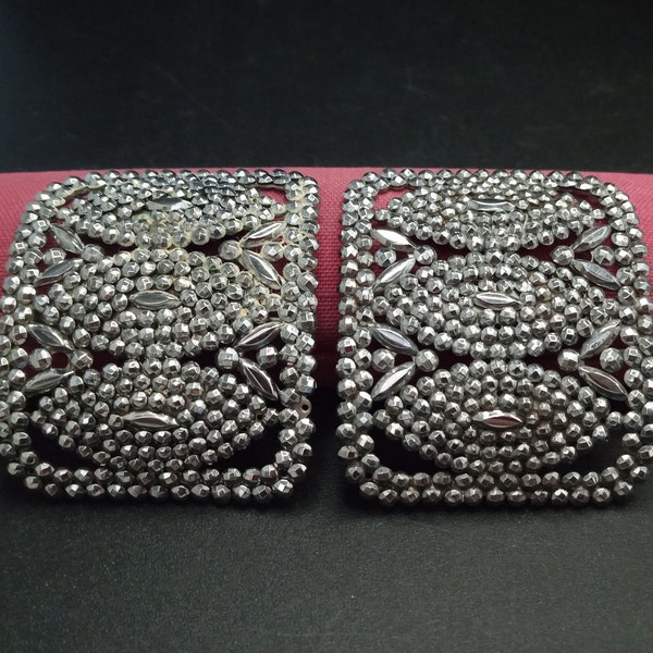 Vintage Cut Steel Shoe Buckles Signed France 1940's 1950's, Antique Jewelry, Vintage Marcasite Rhinestone Shoe Clips