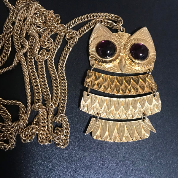 Vintage 54 inch long chain, huge owl pendant, collectible figural, costume jewelry, 1960s 1970s