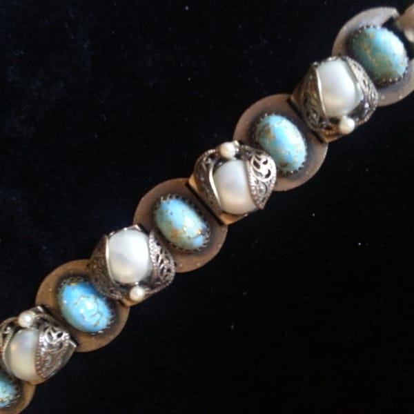 1950s Bracelet Old Hollywood Aqua Blue Chunky Bracelet * Mid Century Vintage jewelry