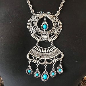 Vintage Bib Chunky Statement Runway Playful Necklace, Faux Turquoise Necklace, Southwestern Style Jewelry Silver Blue Jewelry, Gift for her