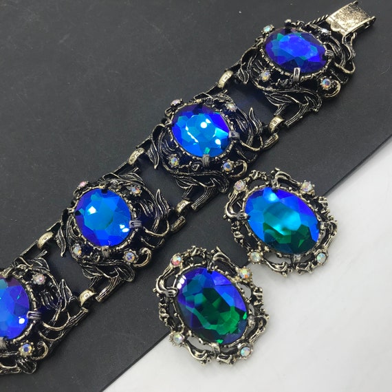 Designer Jewelry Set, Blue Rhinestone Bracelet Ea… - image 2