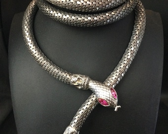 Vintage Silvertone Purple Eye Snake Belt or  Necklace, 1960's 1970's Reptile Collectible Jewelry