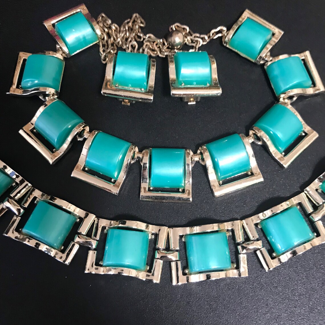 Vintage Teal Green Jewelry Set Necklace Bracelet & Earring Etsy