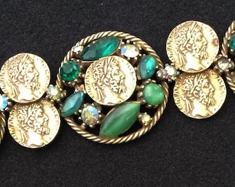 Vintage Goldtone Green Rhinestone Coin Chunky Bracelet, 1950's 1960's Collectible Costume Jewelry
