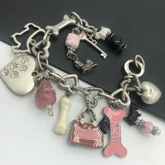 Vintage Dog Charm Bracelet, Bone Heart Key Rhines… - image 2