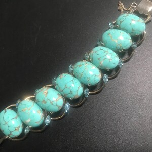Aqua Blue rhinestone chunky wide bracelet, 1950s 1960s mid-century collectible costume jewelry, vintage gift