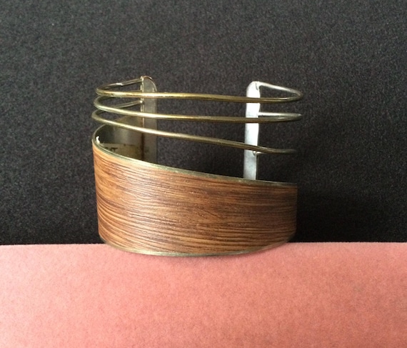 Vintage Gold Tone Faux Wood Cuff Bracelet, 1960's 1970's Jewelry