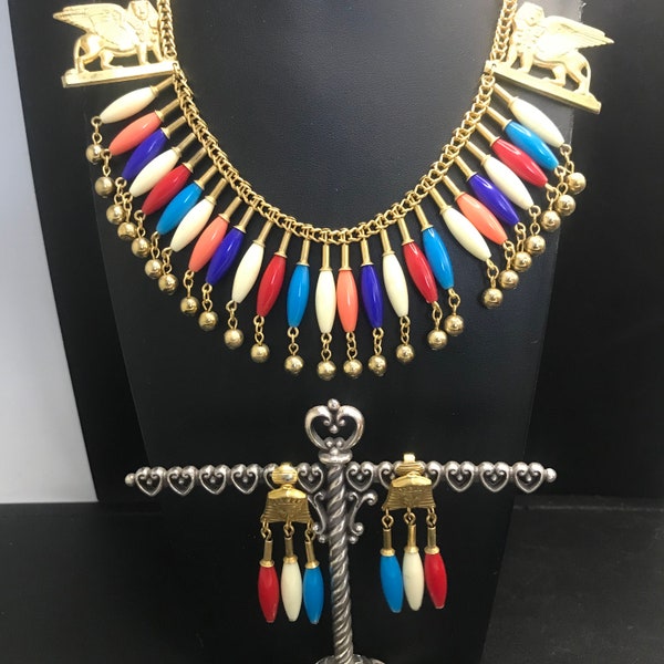 1970s Egyptian Revival Bib Necklace & Earrings, Vintage Pharaoh King Tut Statement Jewelry, Runway Aztec Tribal Ethnic Fringe Tassel Jewelry