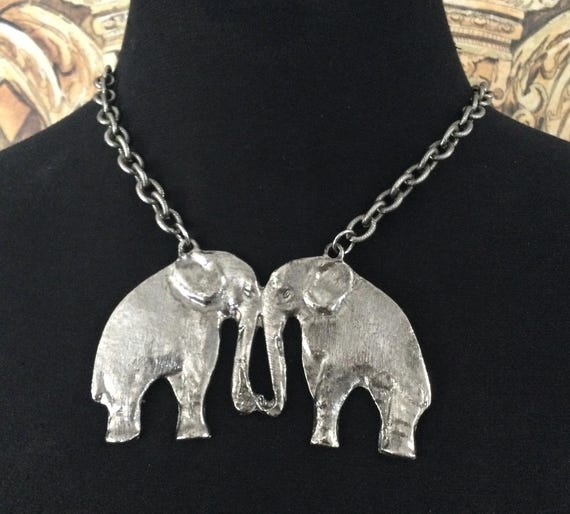 Vintage Statement Silvertone Double Elephant Pend… - image 1