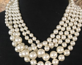 J. Crew Necklace * Vintage Pearl Bib Necklace * 5 Strand Necklace * Hollywood Regency Jewels, Vintage Present, Old Hollywood Glam Jewelry