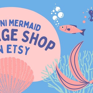 May include: A pink and blue illustration of a mermaid with a pink tail and a seashell. The mermaid is holding a small seahorse. The text "MARTINI MERMAID VINTAGE SHOP ON ETSY" is on a pink circle.