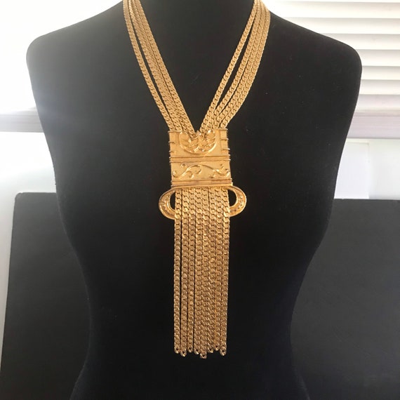 Vintage High End Designer Fringe Tassel Necklace, Statement Etruscan Runway Bold Couture Fashion Jewelry, Holiday Gift Idea for Her