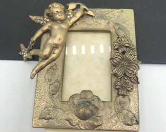 Kirks Folly Photo Frame, designer signed gift, midcentury rhinestone cherub vanity collectible, angel photo frame