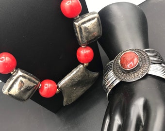 Red Beaded Silver Tone Metal Necklace & Bracelet