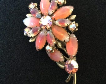 Vintage Orange Flower Rhinestone Gold Tone Metal Brooch Pin & Clip On Earrings Jewelry Set, 1950's 1960's