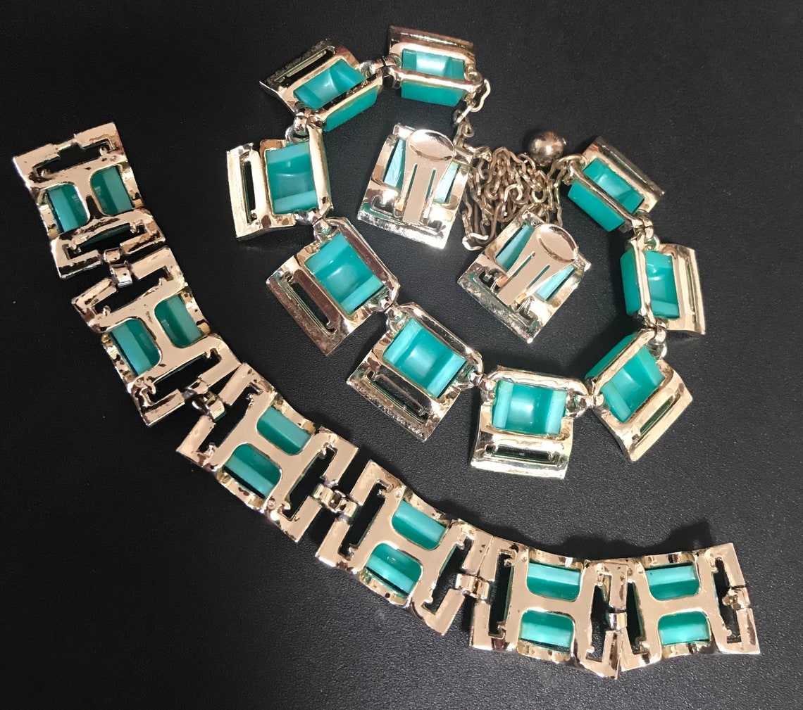 Vintage Teal Green Jewelry Set Necklace Bracelet & Earring Etsy