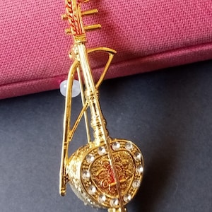 Vintage Signed Rhinestone Musical Instrument Brooch Pin 1970&#39;s 1980&#39;s Jewelry