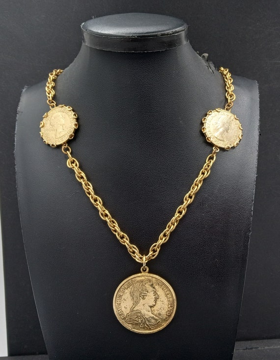 Vintage Coin Pendant Necklace, 1970's 1980's Gold… - image 1