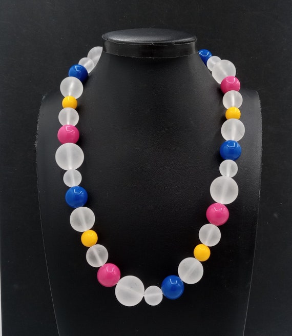Vintage Blue & Yellow Chunky Beaded Necklace 1980'