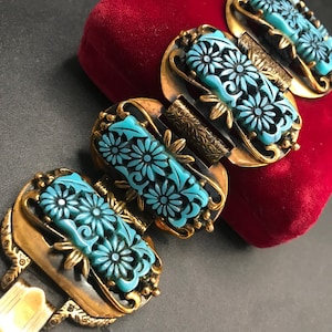 VINTAGE 1960S Faux TURQUOISE Wide Chunk Silver Tone Metal