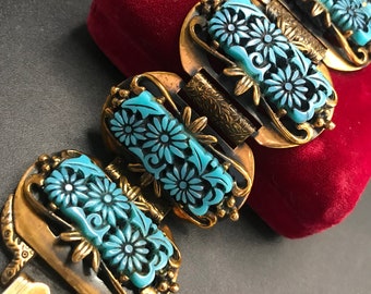 Beautiful SELRO teal blue floral beaded mid century copper high-end collectible bracelet, vintage costume jewelry 1950s 1960s