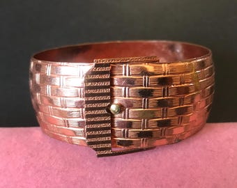 Vintage Copper Belt Buckle Style Clamper Bracelet, 1950's 1960's Jewelry
