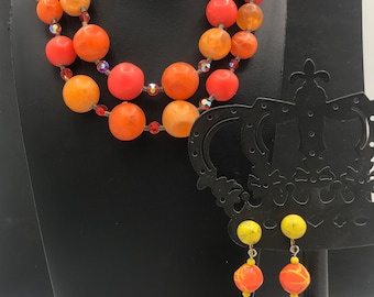 Colorful Multi 2 Strand Necklace Earring Set, Lucite Orange Vintage Jewelry Demi Parure