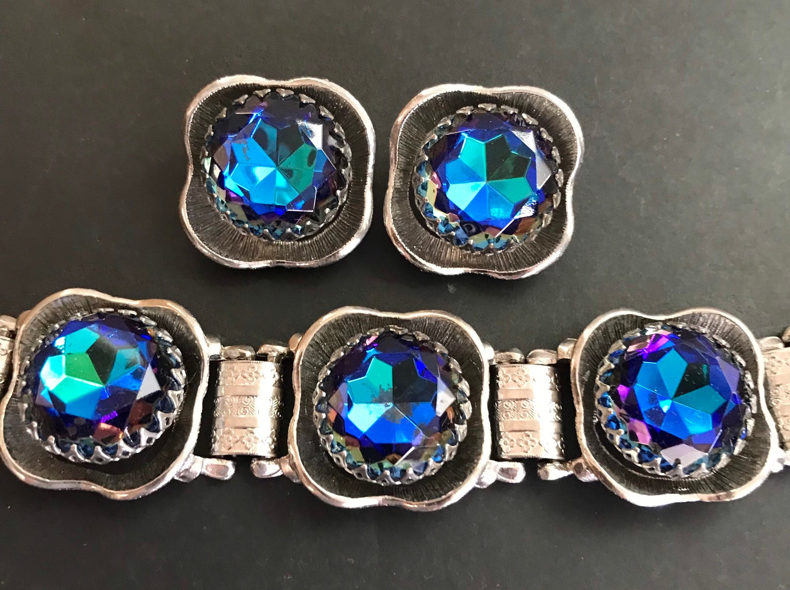 Simply Stunning Blue Heliotrope Rhinestone Bracelet Earring Jewelry Set ...