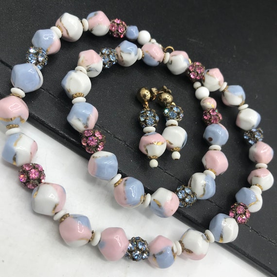 Glass Beaded Jewelry Set,  pink & blue rhinestone… - image 4