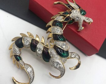 Vintage dragon rhinestone brooch pin, Collectible Costume Jewelry 1990's