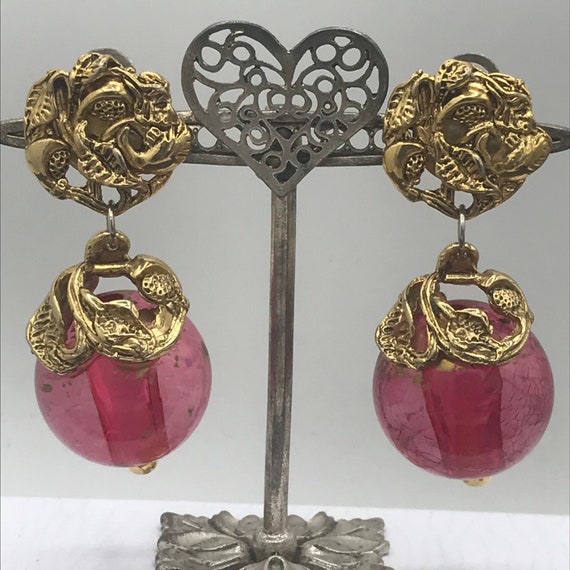 Vintage Dangle Drop Pink Lucite Earrings, High En… - image 5