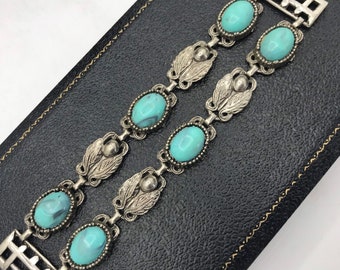 Faux turquoise silvertone metal chunky 1950s modernist bracelet, collectible fashion mid-century jewelry