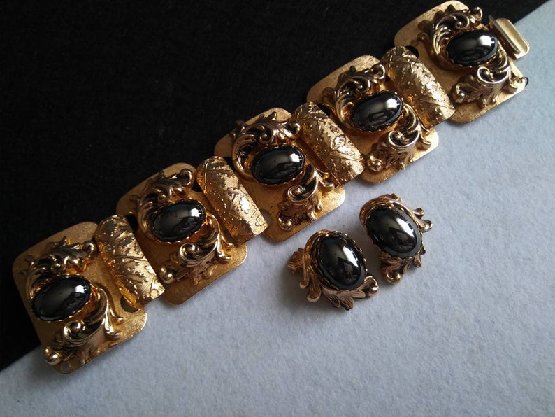 Black Hematite Glass Stone Jewelry Set Chunky Bracelet Etsy