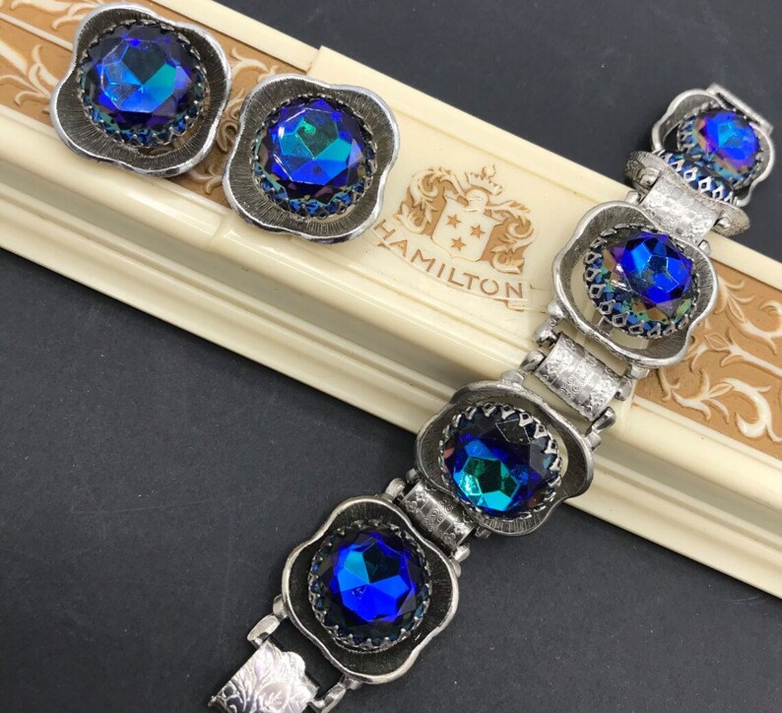 Stunning Blue Heliotrope Rhinestone Bracelet Earring Set - Etsy