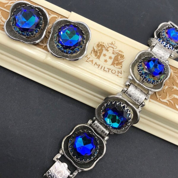Atemberaubende blaue Heliotrope Armband Ohrring Set, 1950er 1960er High-End Sammler Armband, Vintage Schmuck Demi Parure