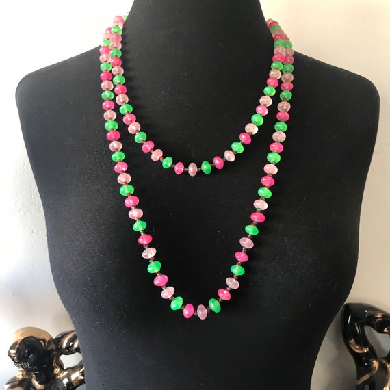 Long necklace, pink green Lucite flapper necklace… - image 2