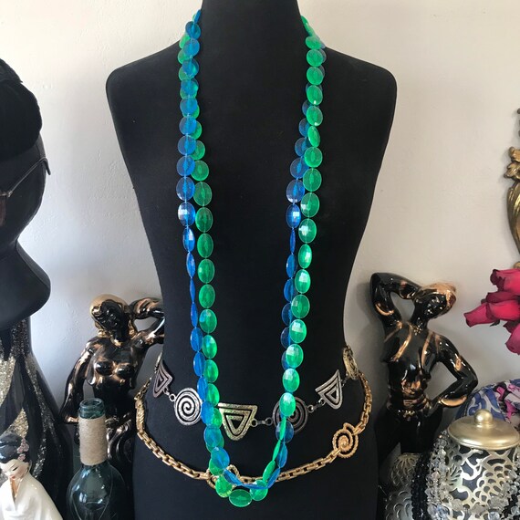 Vintage Blue Green Flapper Length Necklace ** Mad… - image 2