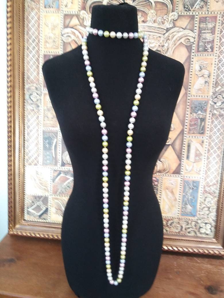 Avalaya Collana lunga con perline in vetro massiccio e perle finte da 10 mm (colore grigio), lunghezza 108 cm (irregolarità naturali), Misura unica, Vetro, Perla sintetica