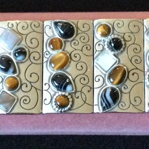 Brighton Vintage Designer Signerad Äkta Sten Cabochon Silvertonad Panelarmband bild 4