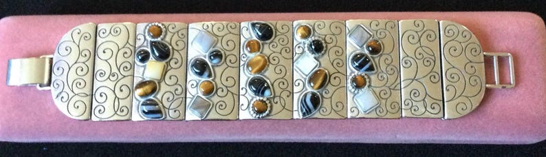 Brighton Vintage Designer Signerad Äkta Sten Cabochon Silvertonad Panelarmband bild 4