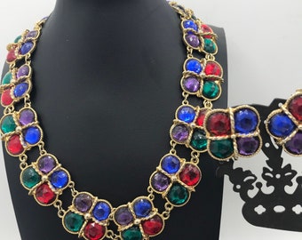 Mogul Rhinestone, Stunning Necklace, Earring Set, Vintage Lucite Demi, Retro Jewelry Set, Moghul Necklace, 1980's 1990's