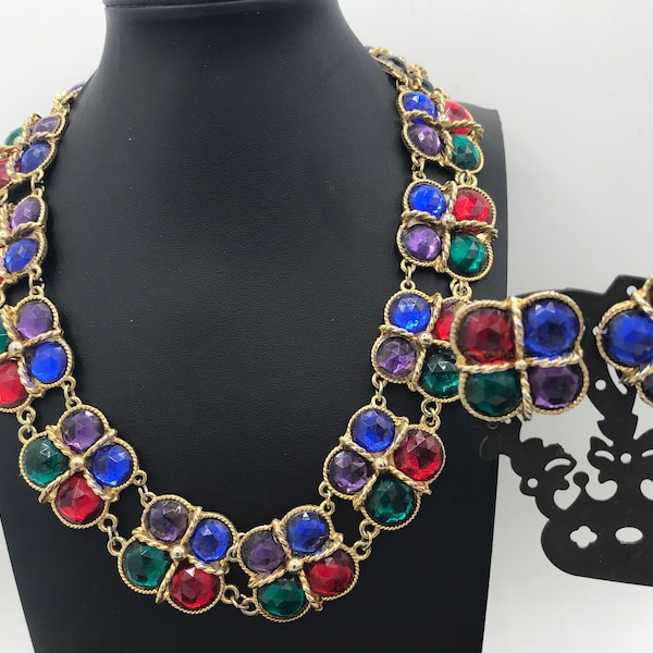 Mogul Rhinestone, Stunning Necklace, Earring Set, Vintage Lucite Demi, Retro Jewelry Set, Moghul Necklace, 1980's 1990's