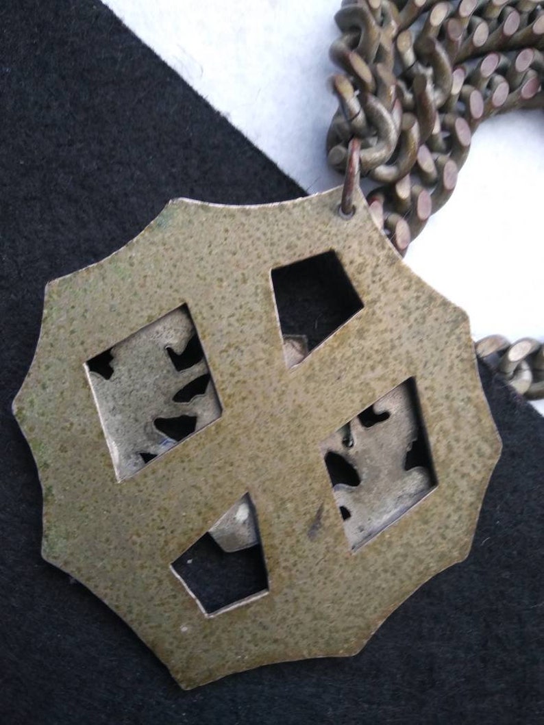 Vintage lion Shield Crown fleur de lis knight sword heraldic pendant necklace distressed steampunk grunge style jewelry