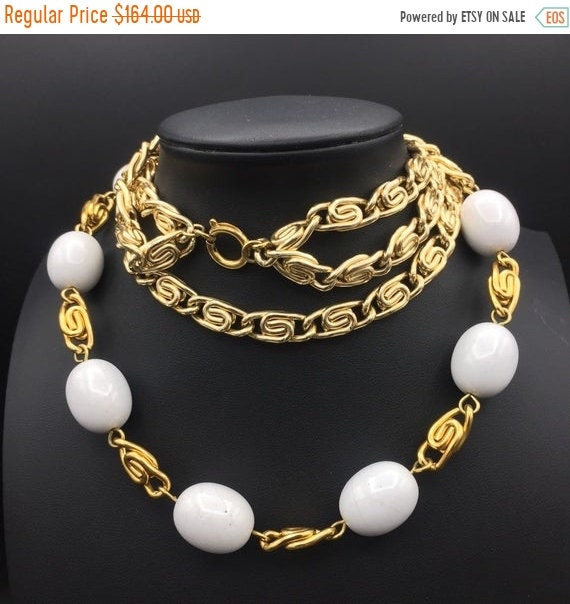 1980s goldtone chain white beaded 2 Strand stateme