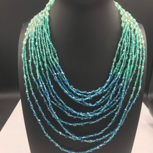 BARRERA designer signed beaded necklace; aqua glass 12 strand high-end quality necklace
