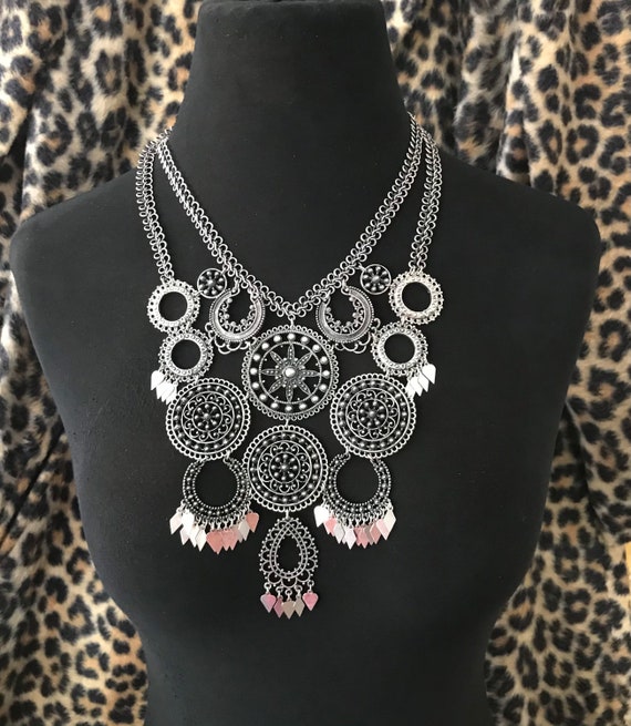 Silvertone metal bib statement necklace - image 2